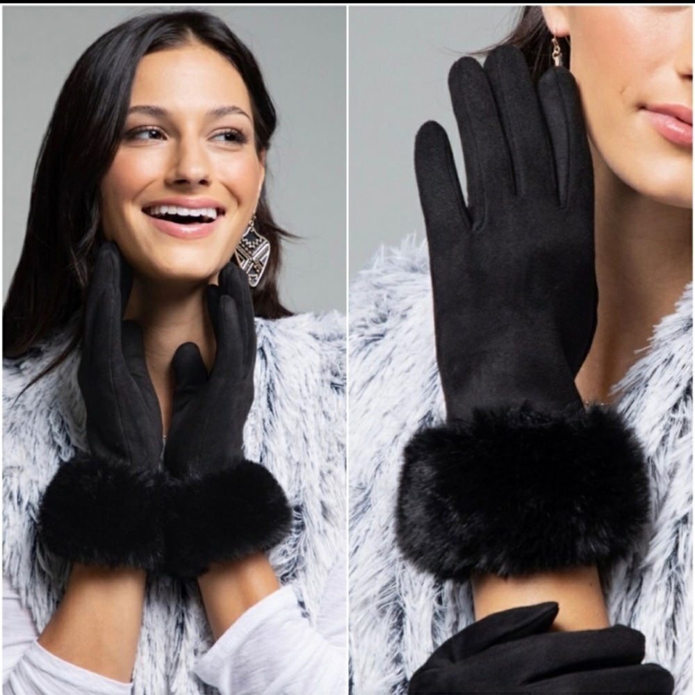 🔥Sale!!!Ultra soft faux vegan suade fur trimmed rich black winter gloves